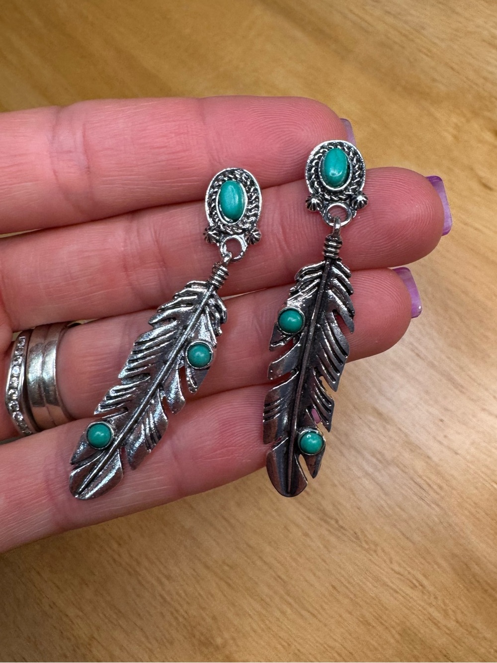 NWT Silver tone Feather Drop Earrings with Turquoise Accents